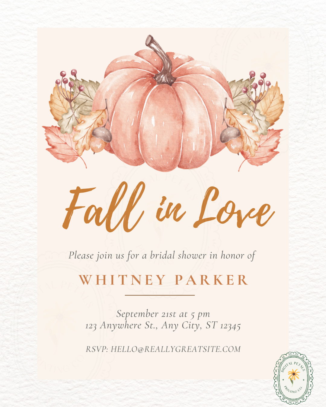 Terracotta & Rust Pumpkin Bridal Shower Invitation | Fall in Love Digital Template