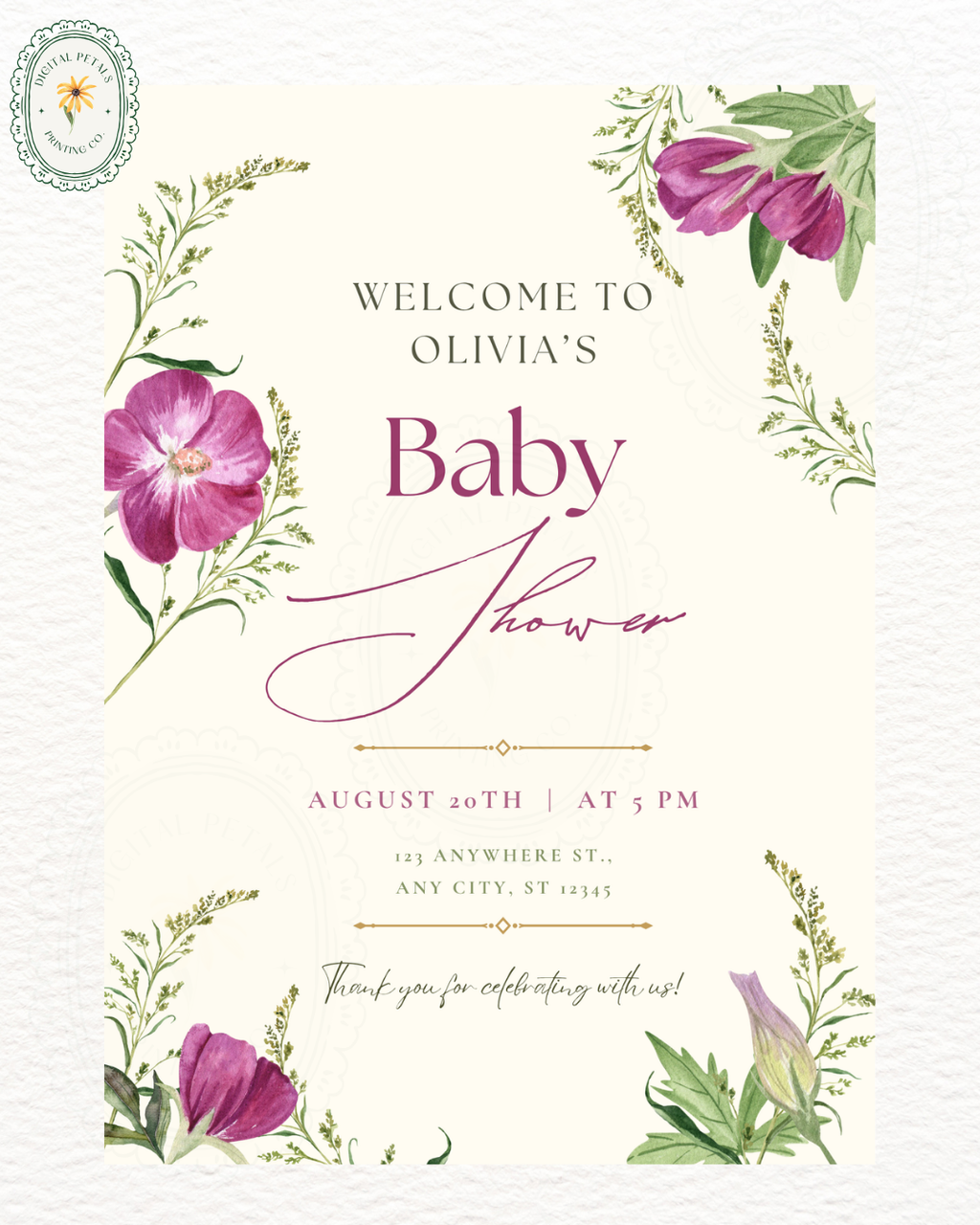 Lavender & Lilac Wildflower Baby Shower Welcome Sign | Editable Canva Template | Digital Download