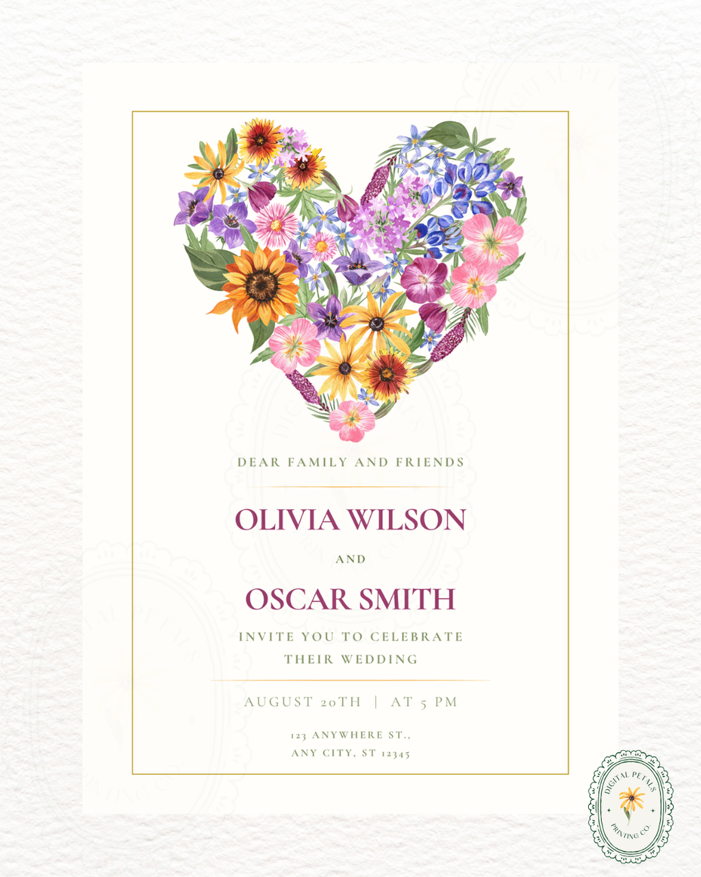 Boho Wildflower Heart Wedding Invitation — Editable Digital Download Template
