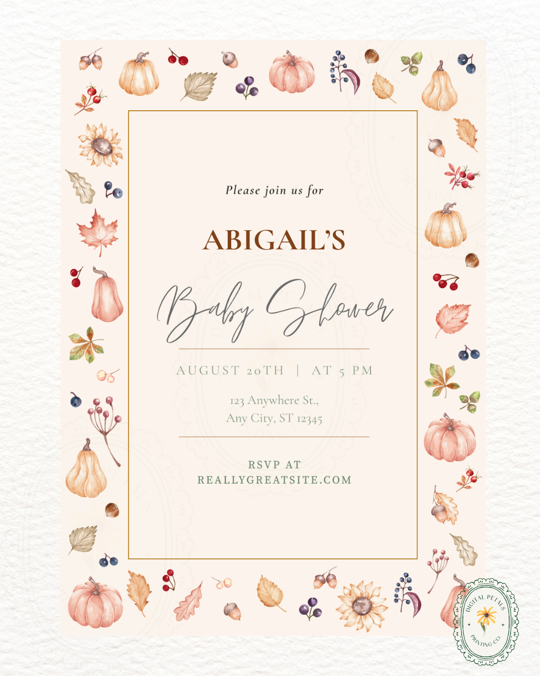 Autumn Harvest Wildflowers Baby Shower Invitation Template | Editable Canva Digital Download