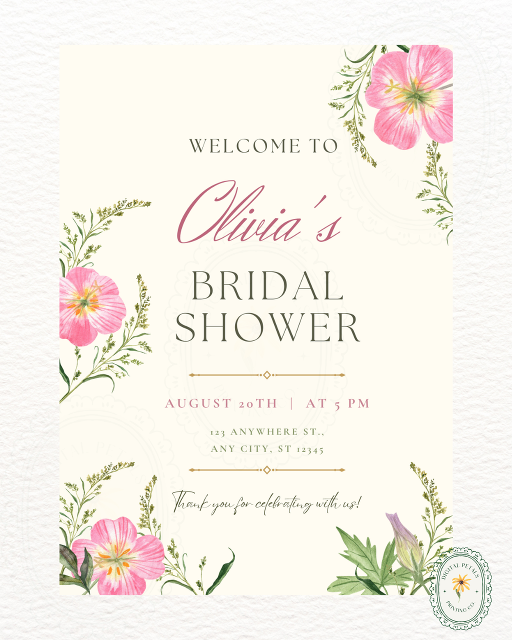Dusty Rose & Blush Pink Wildflower Bridal Shower Welcome Sign | Editable Canva Template | Digital Download