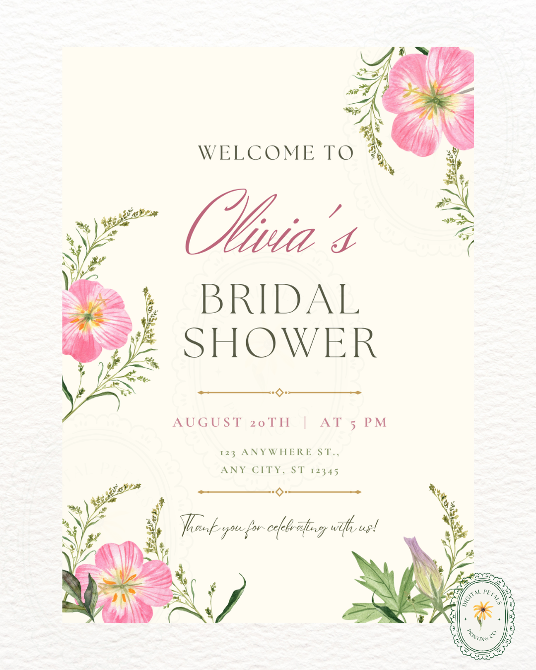 Dusty Rose & Blush Pink Wildflower Bridal Shower Welcome Sign | Editable Canva Template | Digital Download