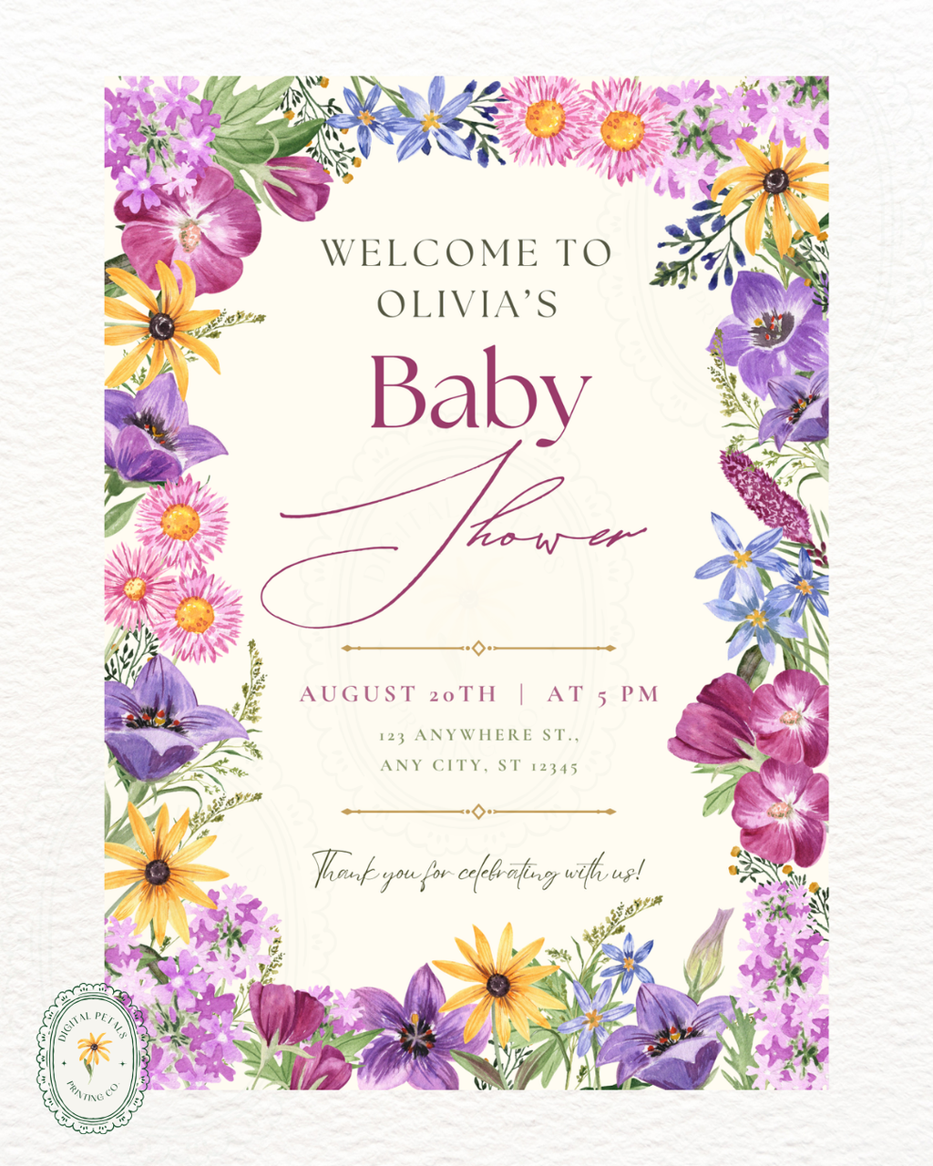 Boho Wildflower Border Baby Shower Welcome Sign | Editable Canva Template | Digital Download