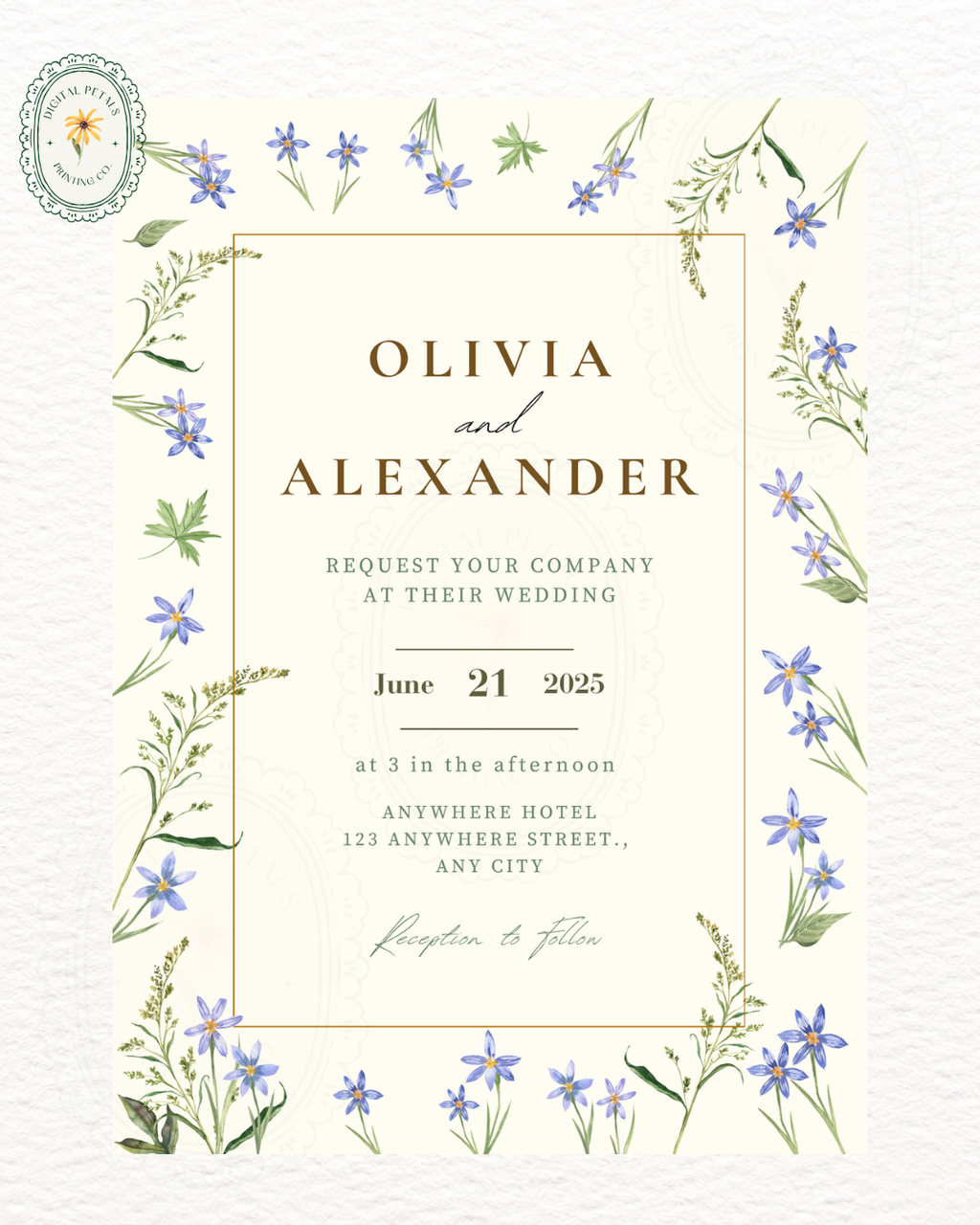 Dusty Blue Floral Border Wedding Invitation Template | Editable Digital Download