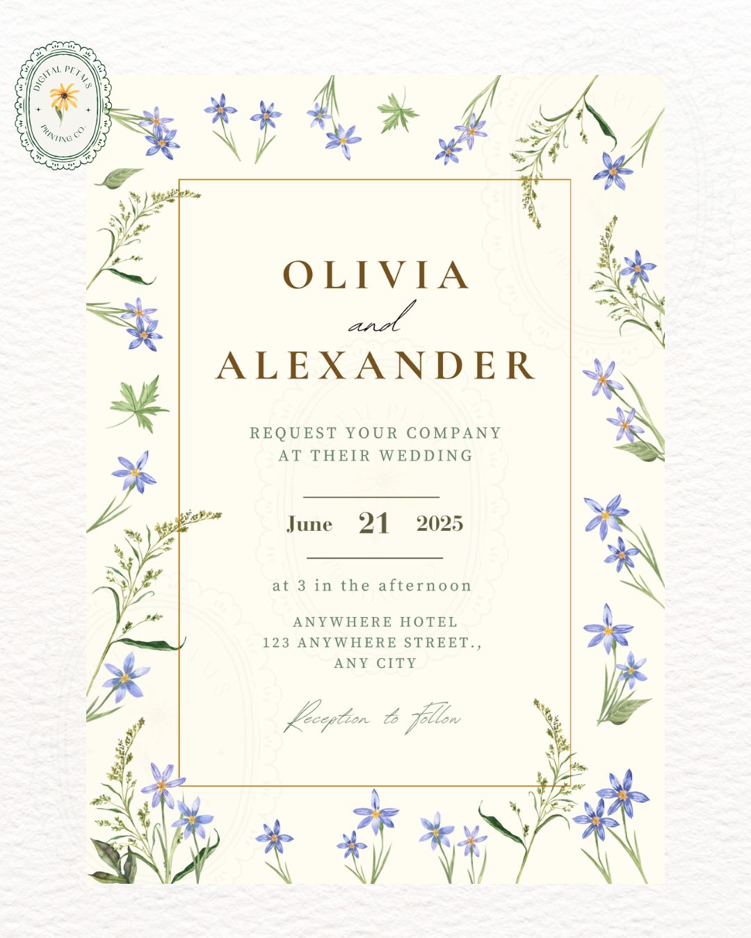 Dusty Blue Floral Border Wedding Invitation Template | Editable Digital Download