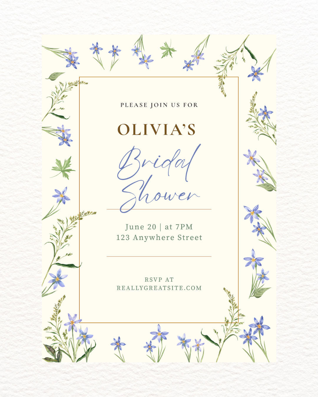 Blue Floral Border Bridal Shower Invitation Template | Editable Digital Download