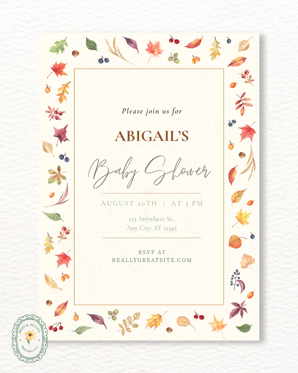 Fall Leaves Baby Shower Invitation Template | Terracotta & Cream | Digital Download