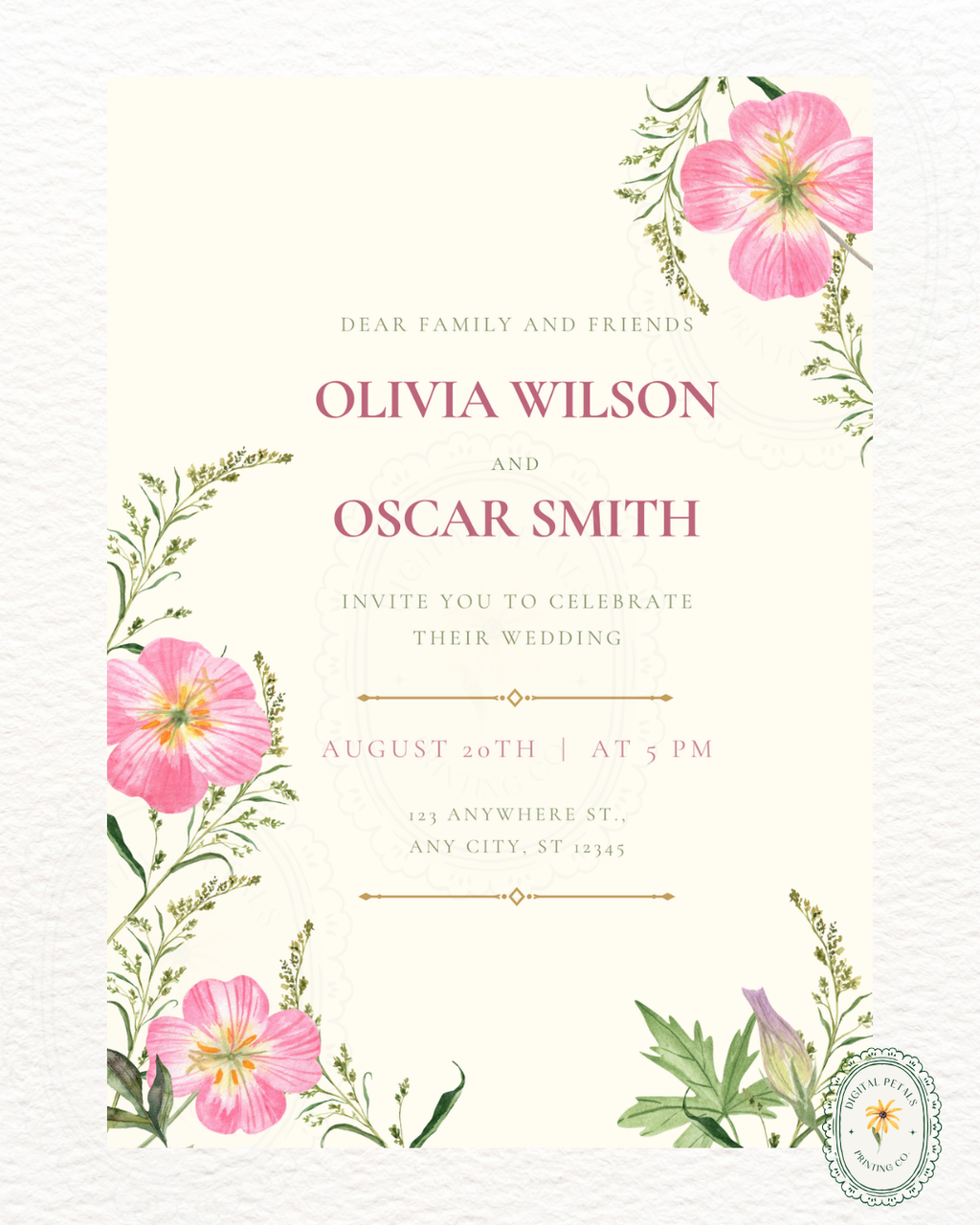 Dusty Rose & Blush Pink Primrose Wildflower Wedding Invitation | Minimalist Printable Invite | Digital Download