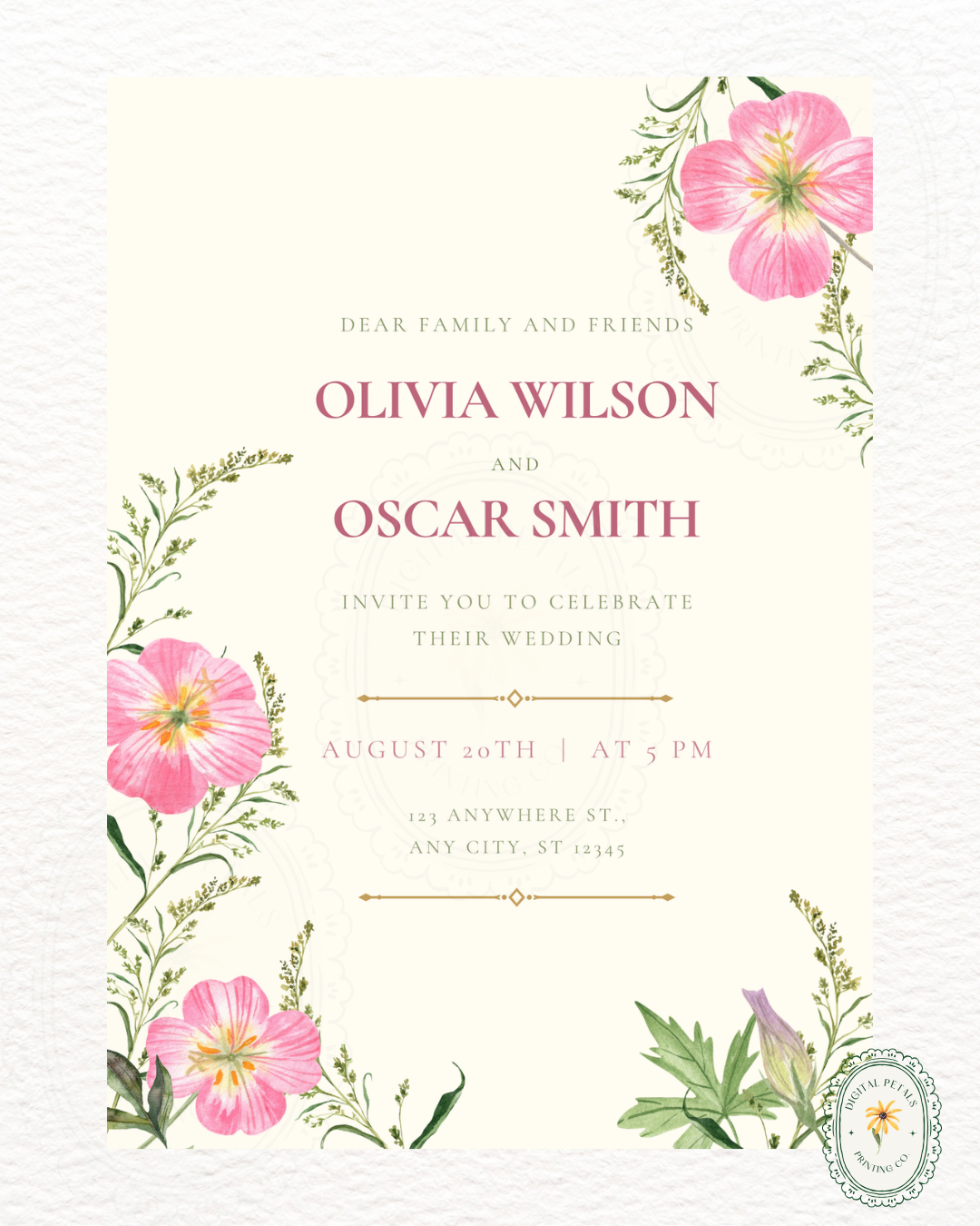 Dusty Rose & Blush Pink Primrose Wildflower Wedding Invitation | Minimalist Printable Invite | Digital Download