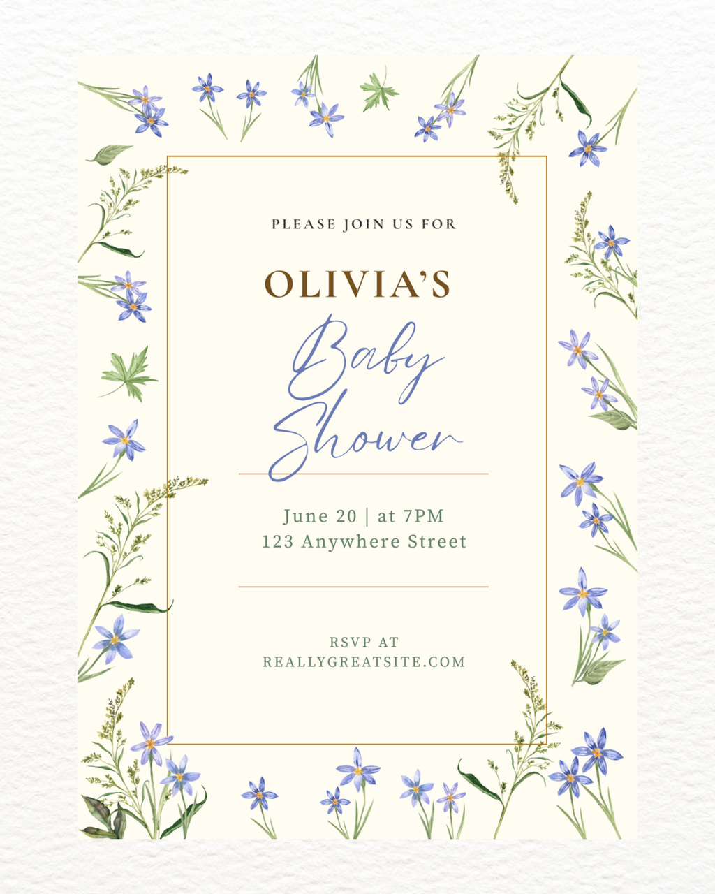 Blue Floral Border Baby Shower Invitation Template | Editable Digital Download