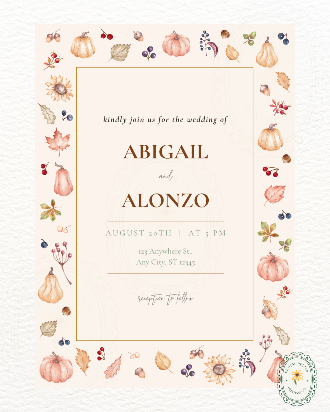 Autumn Harvest Wildflowers Wedding Invitation Template | Editable Canva Digital Download