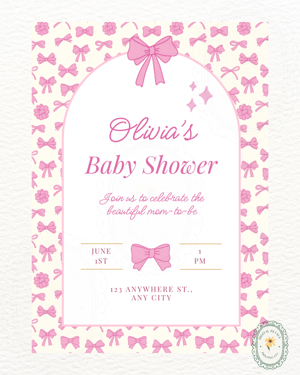 Baby Girl Shower Invitation Template | Pink Ribbons & Bows | Canva Editable