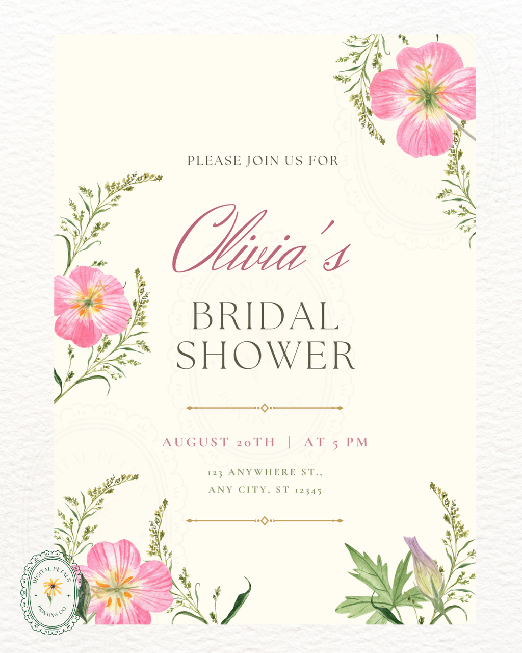 Dusty Rose & Blush Pink Wildflower Bridal Shower Invitation | Minimalist Printable Invite | Digital Download