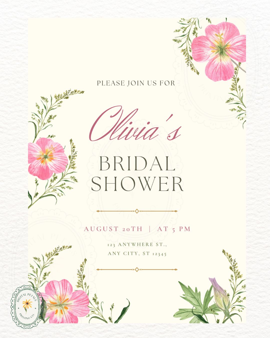 Dusty Rose & Blush Pink Wildflower Bridal Shower Invitation | Minimalist Printable Invite | Digital Download
