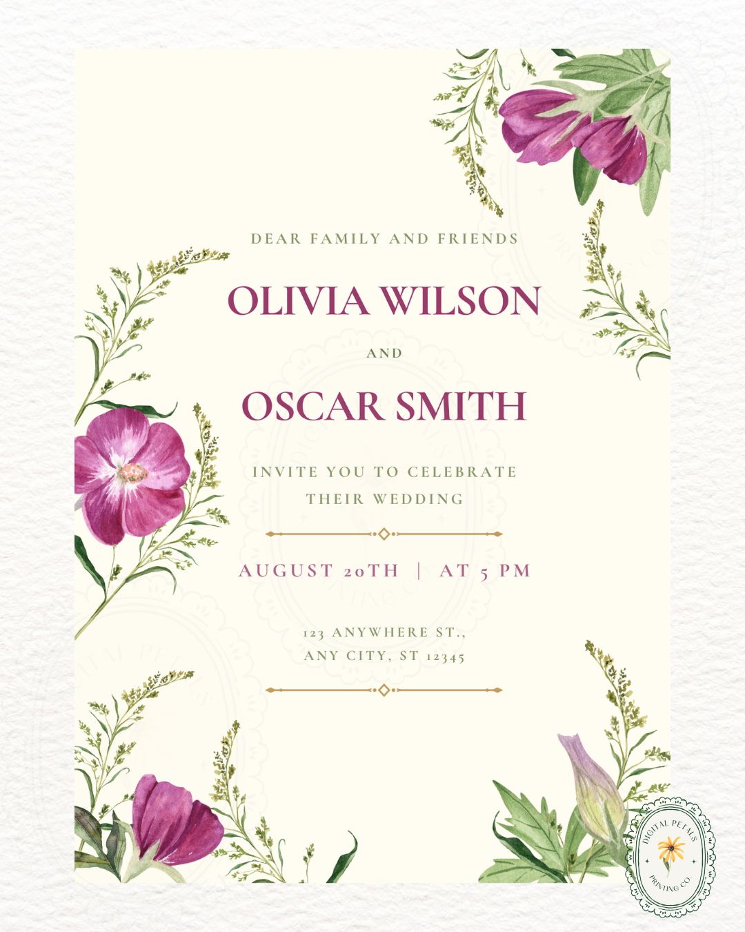 Lavender & Lilac Wildflower Wedding Invitation | Minimalist Printable Invite | Digital Download