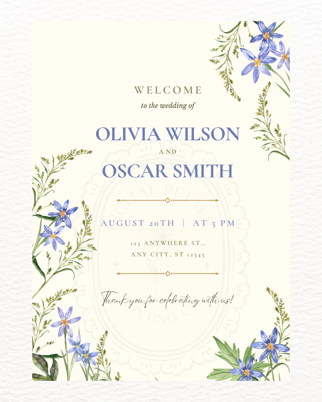 Powder Blue Wildflower Wedding Welcome Sign | Editable Canva Template | Digital Download