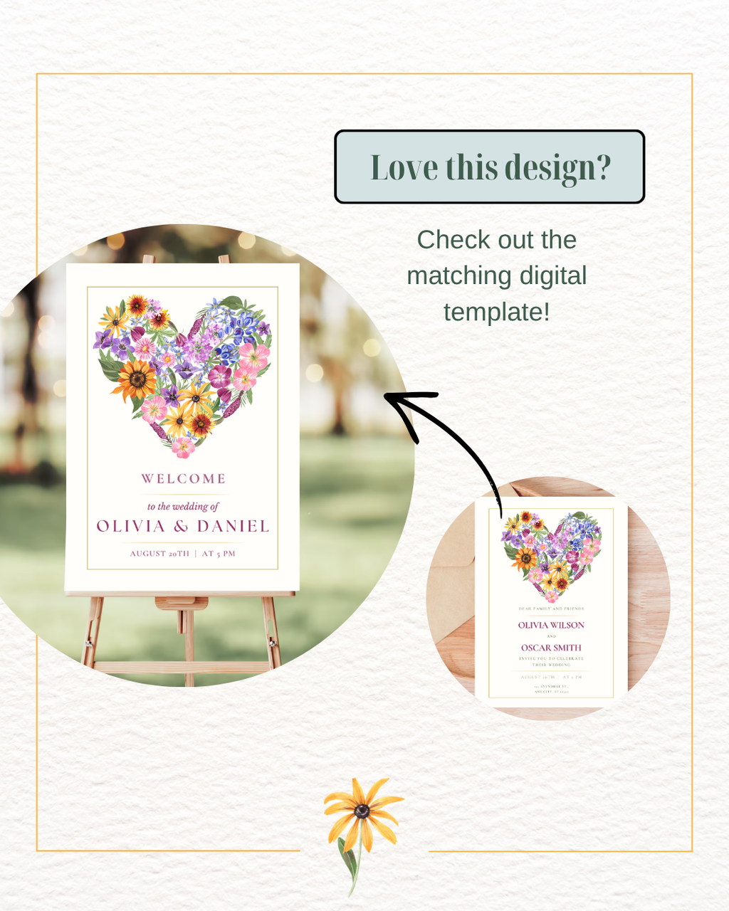 Boho Wildflower Heart Wedding Invitation — Editable Digital Download Template