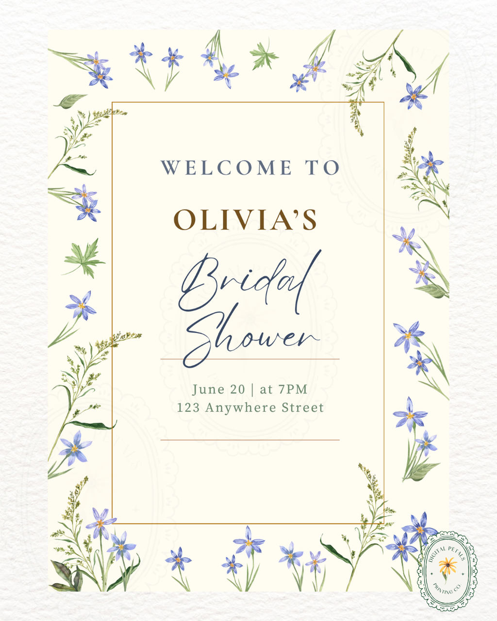 Dusty Blue Floral Botanical Bridal Shower Welcome Sign | Editable Canva Template | Digital Download