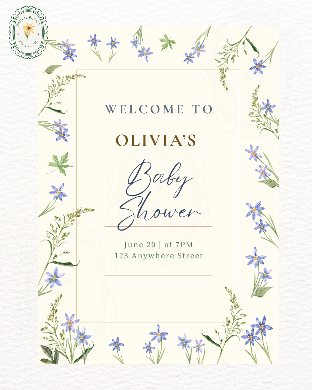 Dusty Blue Floral Botanical Baby Shower Welcome Sign | Editable Canva Template | Digital Download