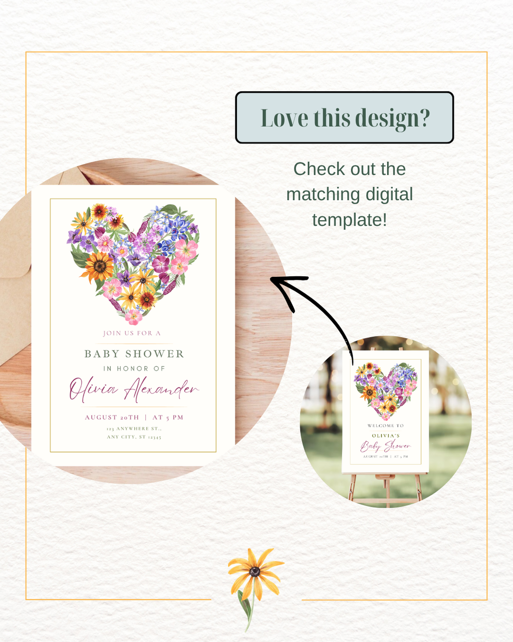 Boho Wildflower Heart Baby Shower Welcome Sign | Editable Canva Template | Instant Digital Download
