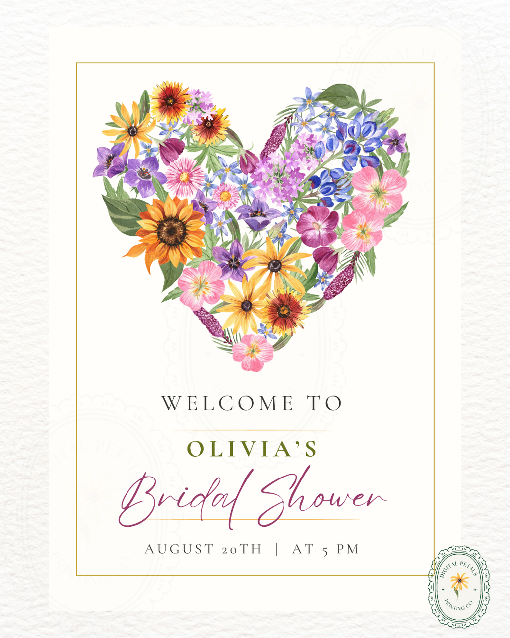 Boho Wildflower Heart Bridal Shower Welcome Sign | Editable Canva Template | Digital Download