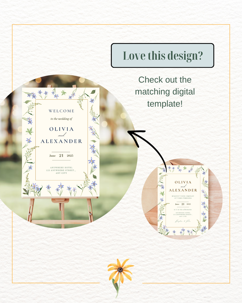 Dusty Blue Floral Border Wedding Invitation Template | Editable Digital Download