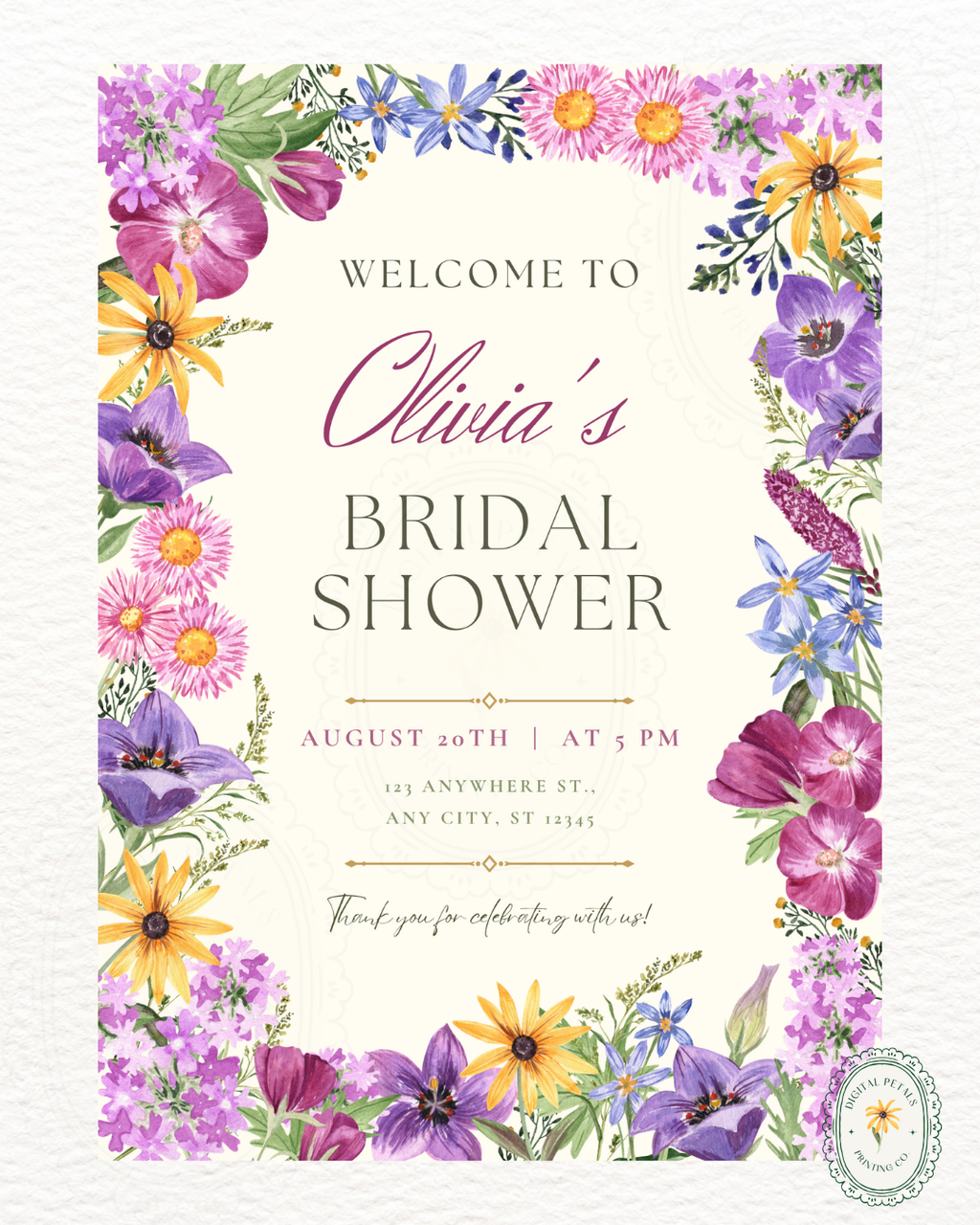 Boho Wildflower Border Bridal Shower Welcome Sign | Editable Canva Template | Digital Download