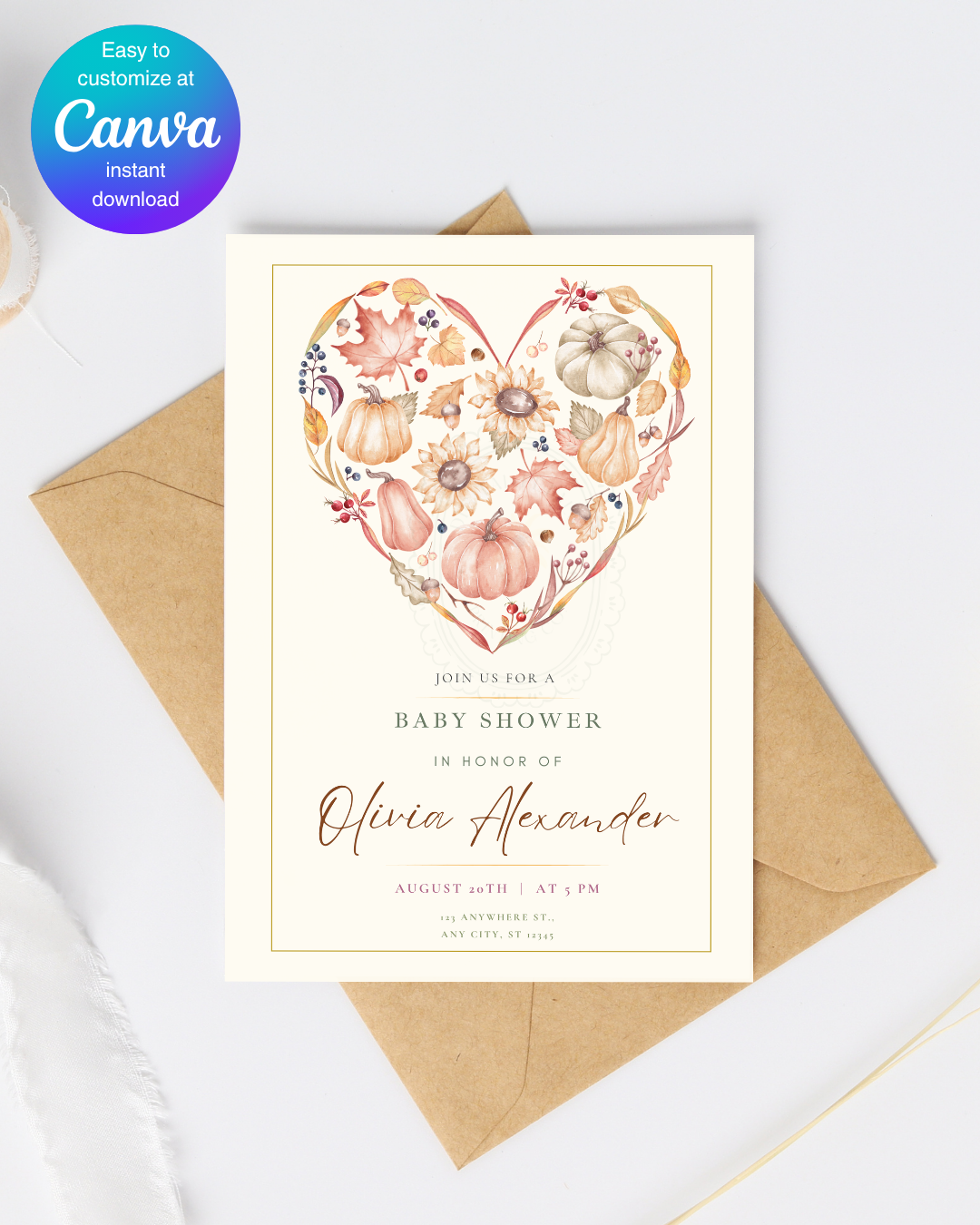 Autumn Heart Baby Shower Invitation | Printable Floral Invite | Digital Download