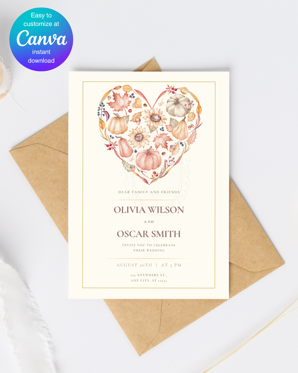 Autumn Heart Wedding Invitation | Printable Floral Invite | Digital Download