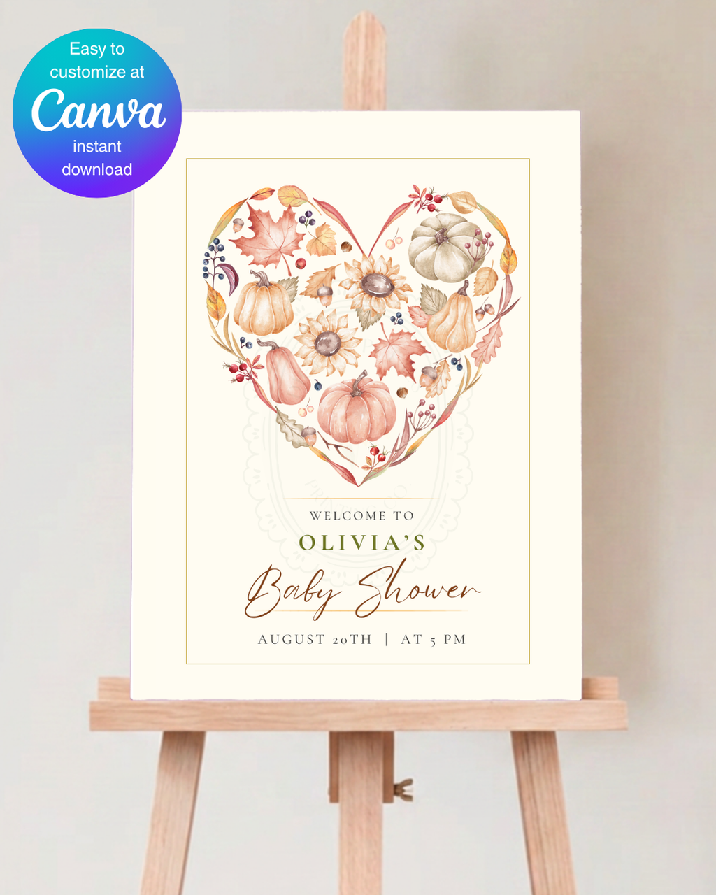 Autumn Heart Baby Shower Welcome Sign | Editable Canva Template | Digital Download