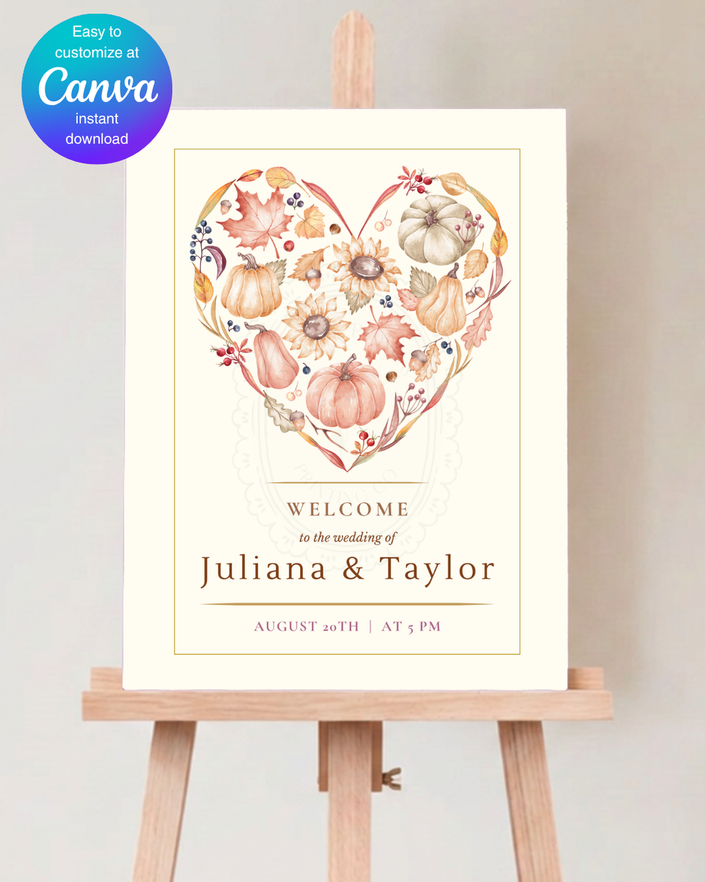 Autumn Heart Wedding Welcome Sign | Editable Canva Template | Digital Download