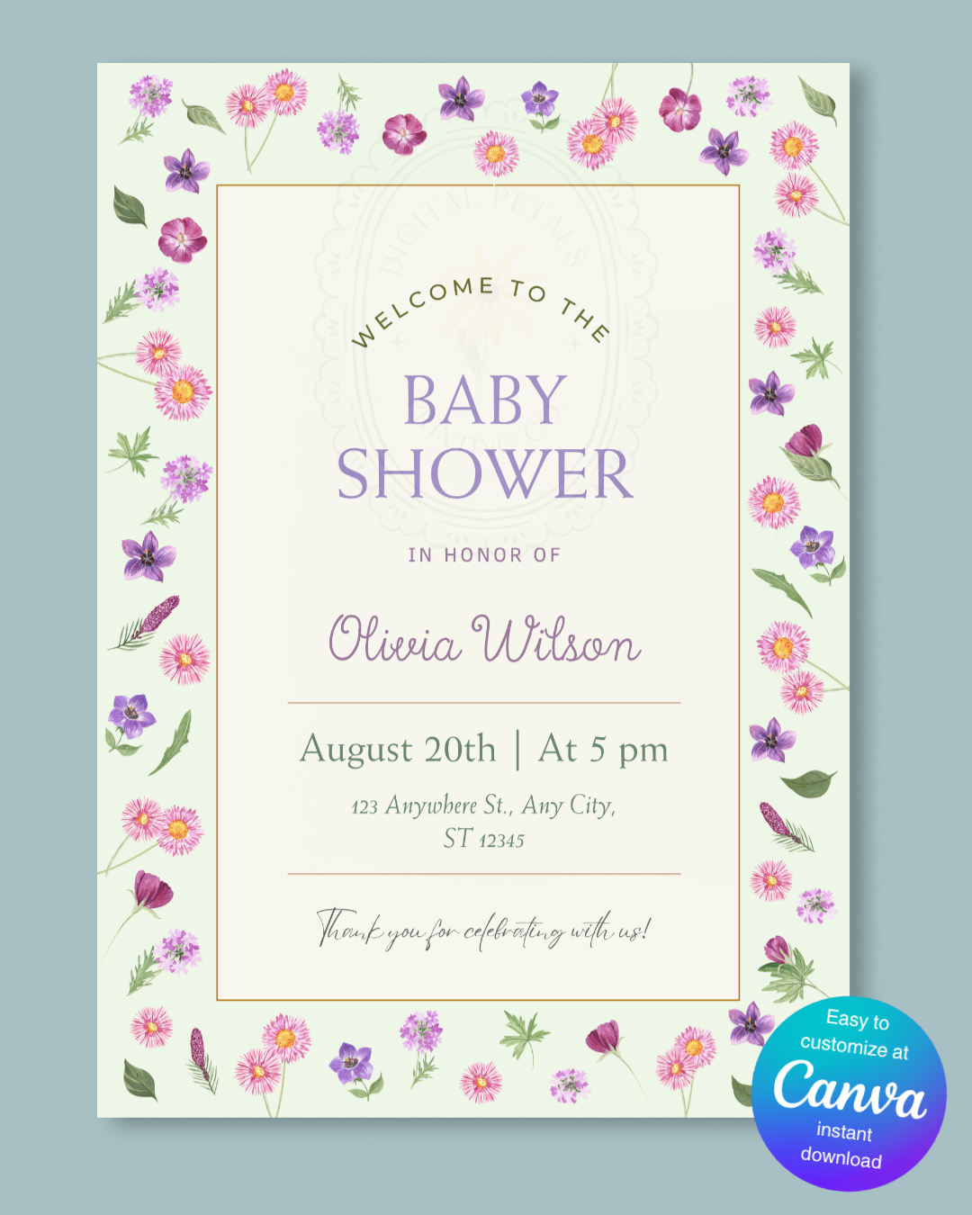 Spring Garden Wildflowers Baby Shower Welcome Sign Template | Editable Canva Digital Download