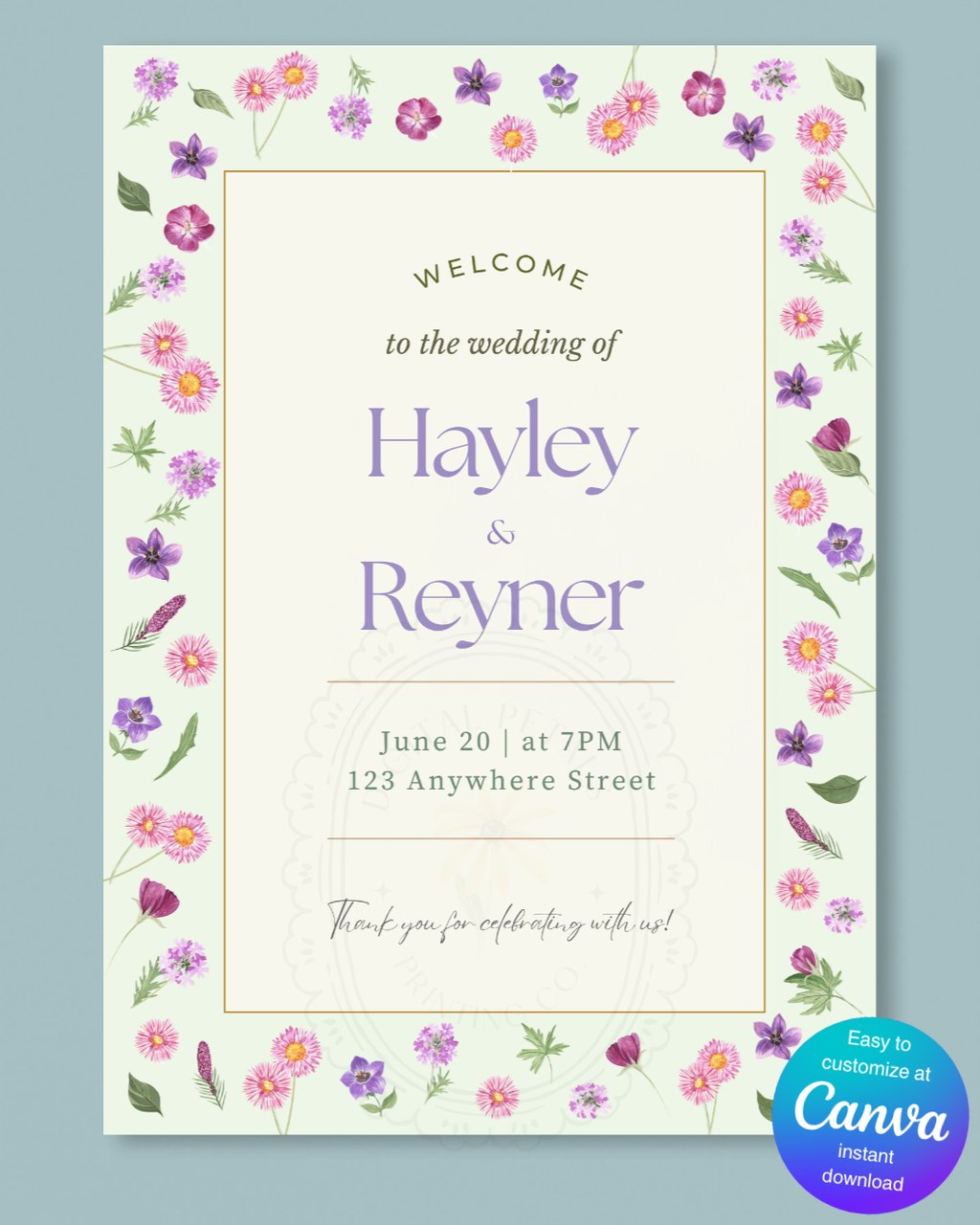 Spring Garden Wildflowers Wedding Welcome Sign Template | Editable Canva Digital Download