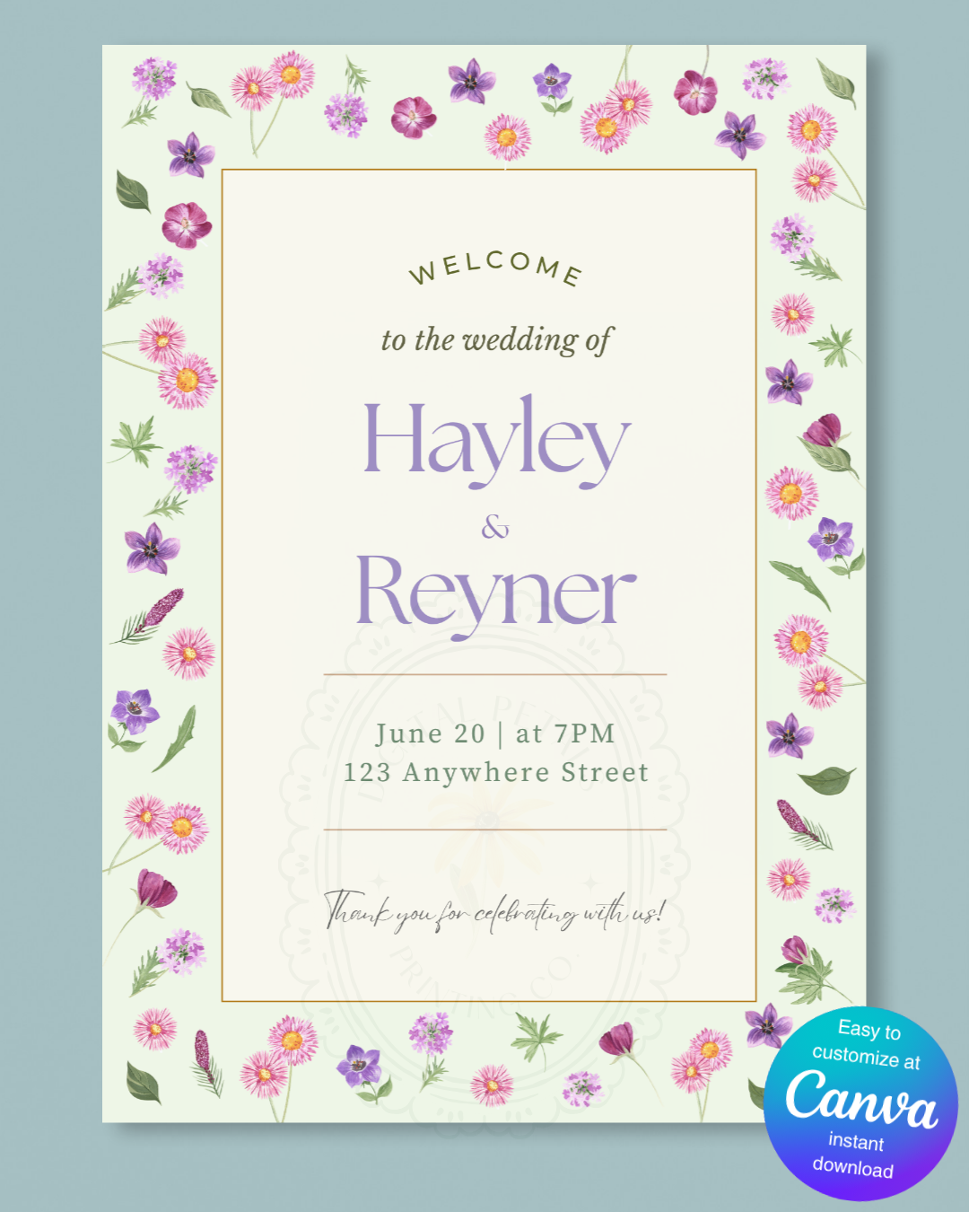 Spring Garden Wildflowers Wedding Welcome Sign Template | Editable Canva Digital Download